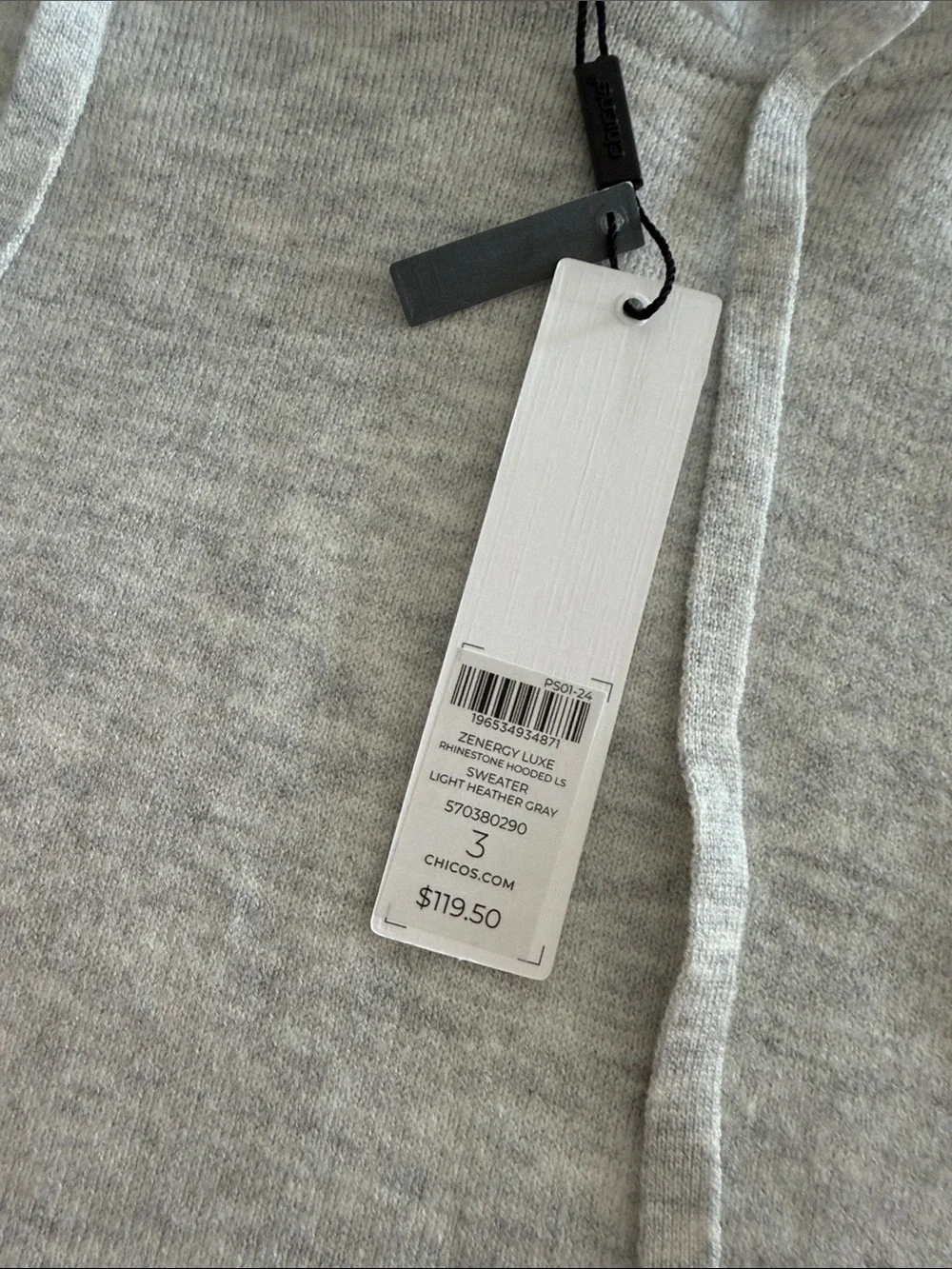 Chico's Light Gray Hoodie with Sparkle Stud Sleeve Detail Zenergy Luxe